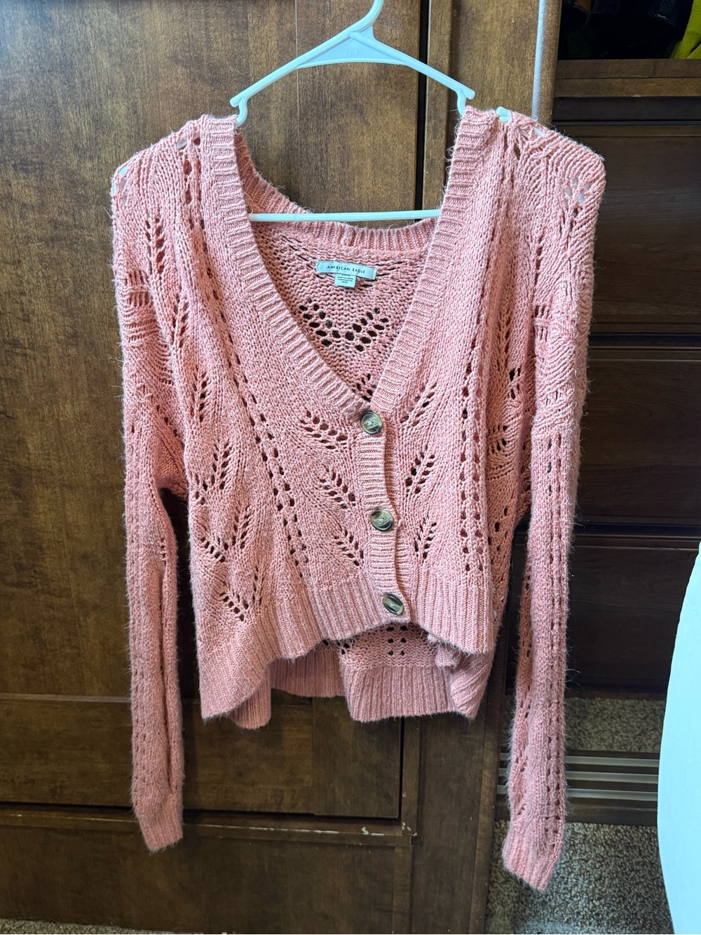 American Eagle Outfitters Pink Openwork Knit Button Cardigan